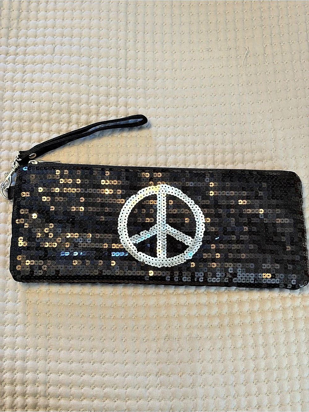 Fashion Express Sequin Peace Sign Wristlet in Black & Gold